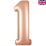 A 34 inch Satin Pastel Rose Quartz Number 1 Foil Balloon, manufactured by Oaktree.