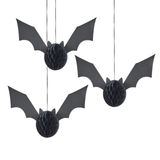A pack of 3 Black Bat Honeycomb Decorations, manufactured by Hootyballoo.