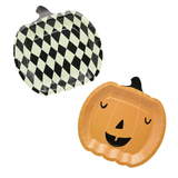 A pack of 8 Pumpkin Face Shaped Paper Plates, manufactured by Hootyballoo.