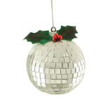 A Hanging Snowy Mirror Ball with Holly, measuring approx. 7cm.