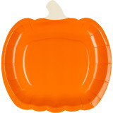 A pack of 6 orange pumpkin shaped paper plates, manufactured by PartyDeco.