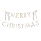 A White Merry Christmas Card Banner with Velvet Bows.