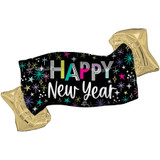 A 39 inch happy New Year sparkle banner supershape foil balloon, manufactured by Anagram.