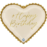 An 18 inch Happy Birthday Elegant Cream Heart Foil Balloon, manufactured by Grabo.