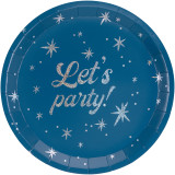 A pack of 6 blue paper plates with a 'Let's Party' message, manufactured by PartyDeco.