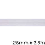 A reel of White Polycotton Bias Binding, measuring approx. 25mm x 2.5m.