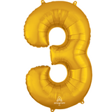 A 34 inch Anagram Gold Number 3 Foil Balloon, manufactured by Anagram.