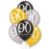11 inch 90th Birthday Black, Gold & Silver Latex Balloons (6)