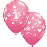 11" Rose 1st Birthday Circle Hearts  - Girl Balloons (25)