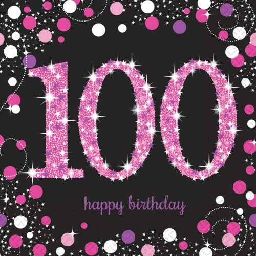 Black & Pink Sparkling 100th Birthday Paper Napkins (16)