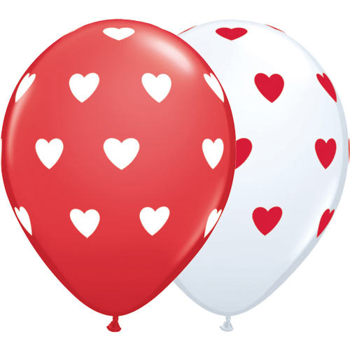 11 inch White & Red Big Hearts Latex Balloons (50)