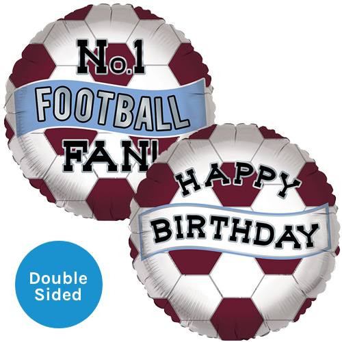 An 18 inch Birthday No.1 Football Fan Claret Blue Foil Balloon, manufactured by Sensations. An 18 inch Birthday No.1 Football Fan Claret Blue Foil Balloon, manufactured by Sensations.
