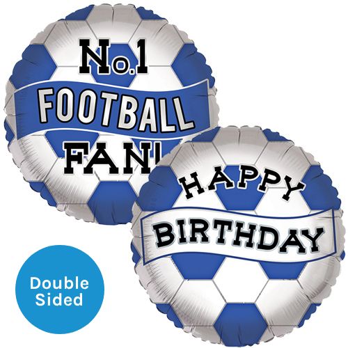 An 18 inch Birthday No.1 Football Fan Blue White Foil Balloon, manufactured by Sensations.