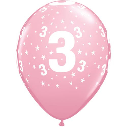 11 inch Number 3 Stars Pink Latex Balloons (6)