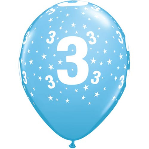 11 inch Number 3 Stars Pale Blue Latex Balloons (6)