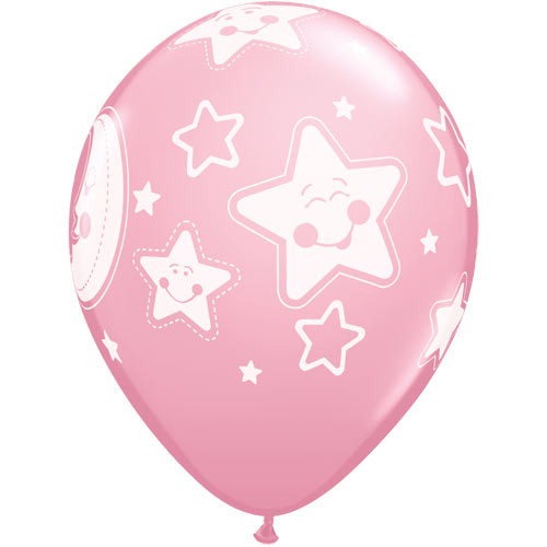 11 inch Pink Baby Moon & Stars Latex Balloons (6)