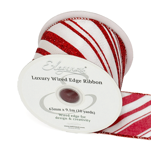 Red Candy Stripe Glitter Wired Edge Ribbon - 63mm x 9.1m (1)