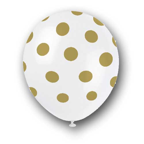 12 inch Gold Dot White Latex Balloons (6)