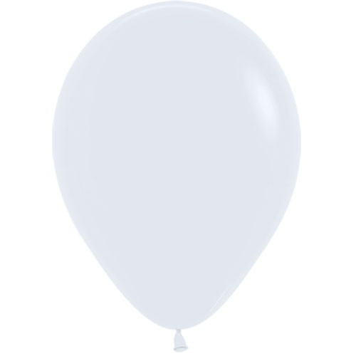 A white balloon with a 12 inch diameter, manufactured by Sempertex.