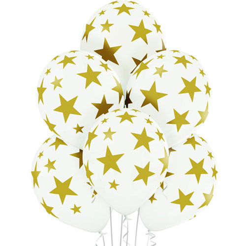 12 inch White & Gold Star Latex Balloons (6)