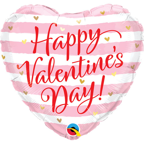 An 18 inch pink and white striped heart shape balloon with happy Valentines day message, manufactured by Qualatex.