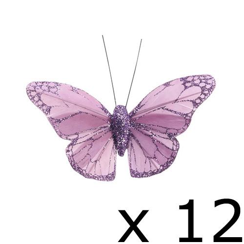 Lavender Glitter Butterfly Decorations w/ Clips (12)