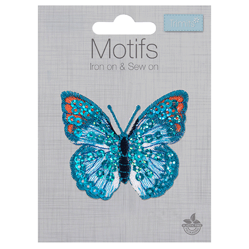 Trimits 6cm Blue Sequin Butterfly Iron-On Patch (1)