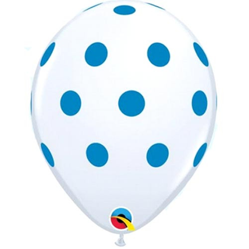 11 inch White With Blue Polka Dots Latex Balloons (25)