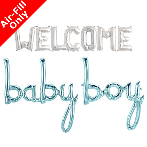 WELCOME BABY BOY - 16 inch Silver Letters & Blue Script Pack (1)