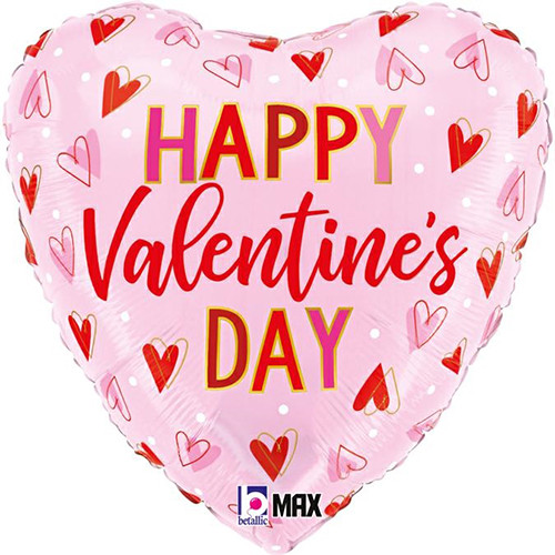 An 18 inch heart shaped pink balloon with red Happy Valentines Day message and heart print, made by Betallic.