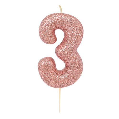 7cm Age Three Rose Gold Glitter Candle (1) 7cm Age Three Rose Gold Glitter Candle (1)