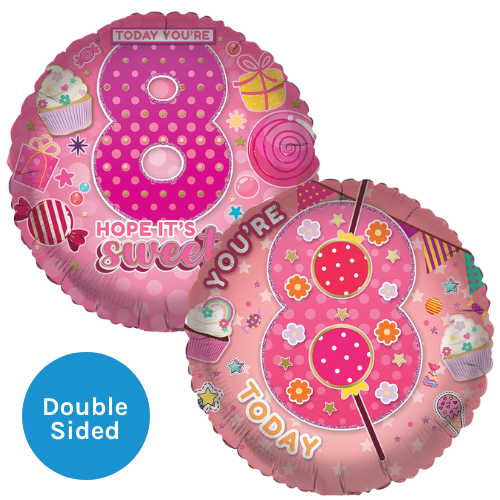 An 18 inch Sweet Treats Age 8 Foil Balloon, manufactured by Sensations. An 18 inch Sweet Treats Age 8 Foil Balloon, manufactured by Sensations.