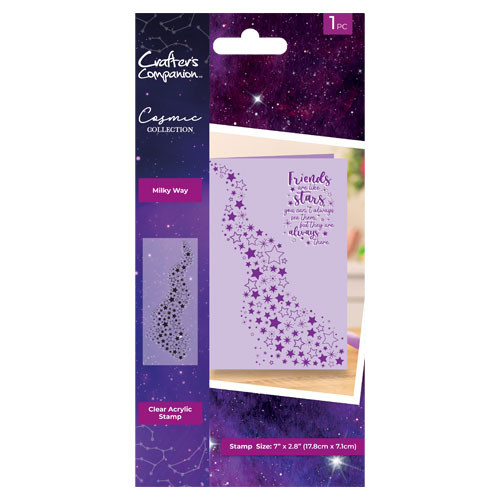 A milky way acrylic craft stamp made by Crafter's Companion that includes a series of star shapes and star outlines in various sizes.