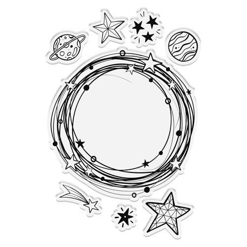 A collection of eight individual space themed stamps that includes an orbit design, several stars and planets, manufactured by Crafter's Companion.