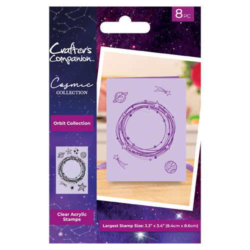 A packet containing orbit theme collection of stamps that includes a circular frame with stars, shooting star and planets, made by Crafter's Companion.