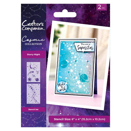 A packet of two craft stencils including solar system and star themed design. Made by Crafter's Companion.