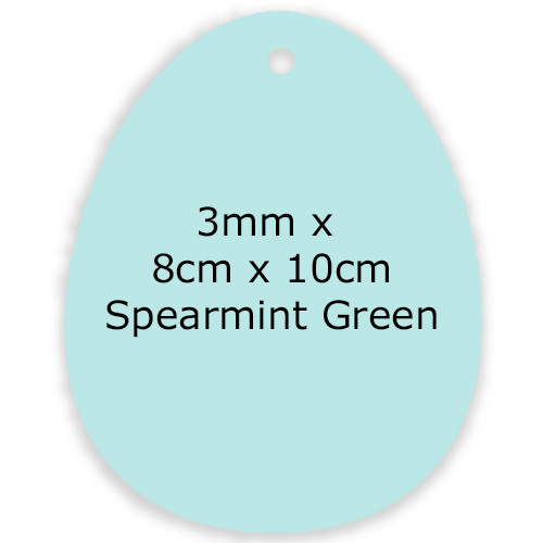 An Easter egg acrylic shape, in a pale spearmint green colour with one hole at the top, supplied by Nancy Loves.