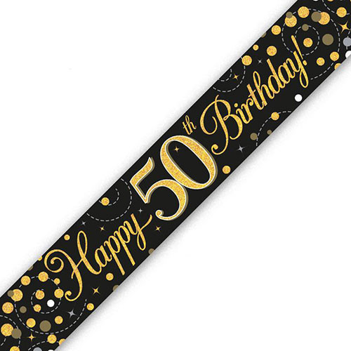 A 50th birthday banner with design printed in gold holographic finish on a black background, manufactured by Oaktree.