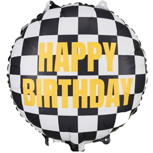 black and white race car themed foil balloon