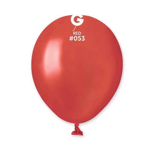 A 5” metallic red latex balloon, manufactured by Gemar.