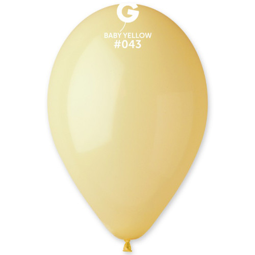 A 13” standard baby yellow latex balloon, manufactured by Gemar.