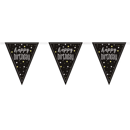 Picture of black and silver birthday bunting, shows three triangles from within the strip, manufactured by Unique.