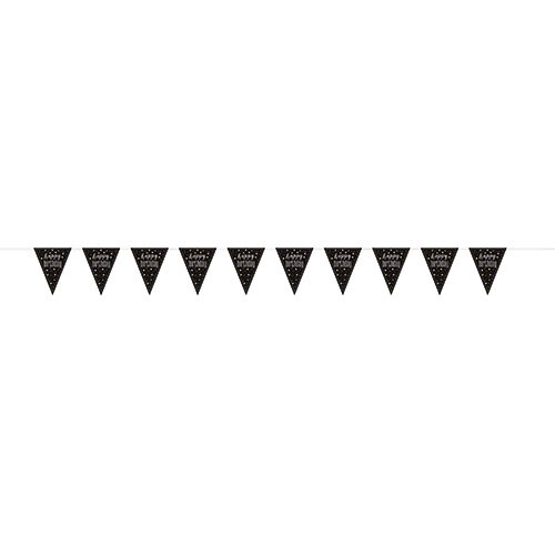 Picture of black and silver birthday bunting, shows ten triangles across the strip, manufactured by Unique.