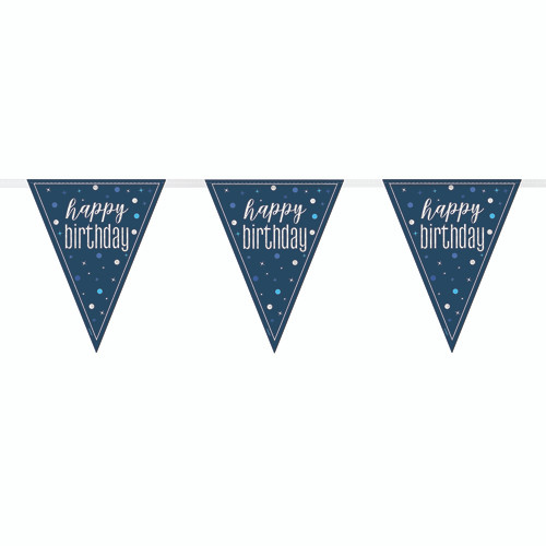 Navy blue bunting with a silver happy birthday design, this image shows three triangles of the strip, manufactured by Unique.