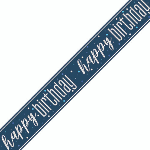 A 9ft navy blue banner with silver writing reading "happy birthday", manufactured by Unique.