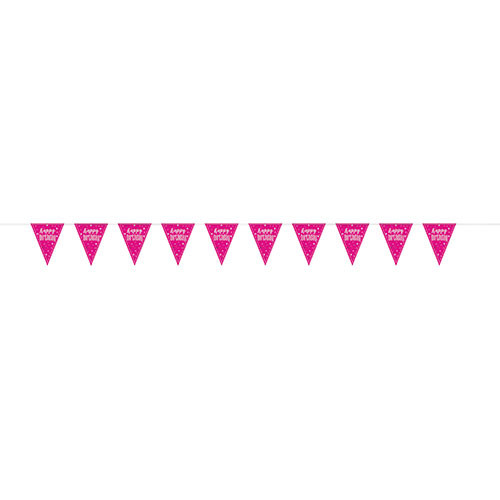 Bright pink fuchsia bunting with silver foil print design reading "Happy Birthday", manufactured by Unique.
