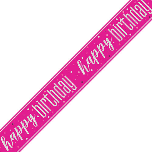 A 9ft bright pink birthday banner with a message in silver reading "happy birthday", manufactured by Unique.