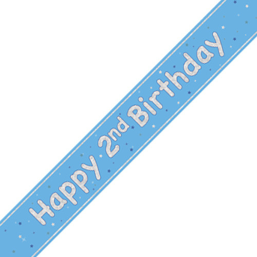 A 9ft blue banner with silver foil print reading "happy 2nd birthday", manufactured by Unique.
