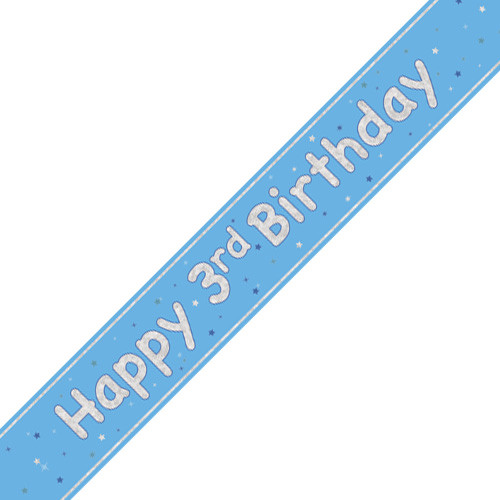 A third birthday blue banner with silver foil message reading "Happy 3rd Birthday", manufactured by Unique.