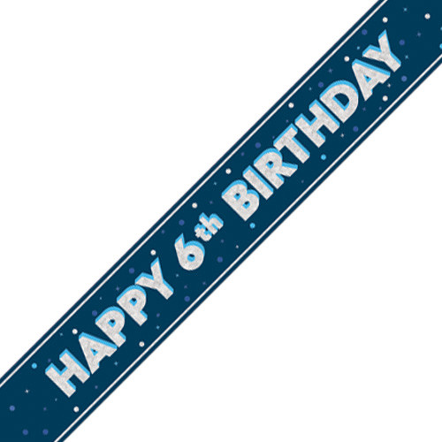 Navy blue 9ft banner with silver foil happy 6th birthday message, manufactured by Unique.
